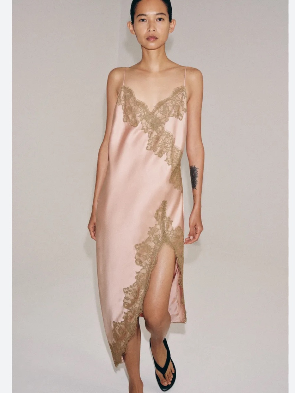 Zara ZW Collection Satin Lace Dress XS NWT Dusty Pink Gold Midi Maxi Slit
